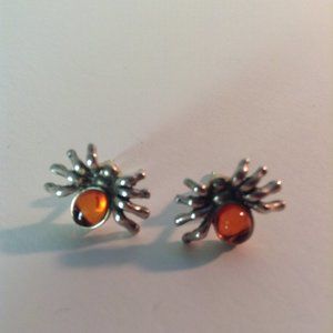 amber and silver spider earrings